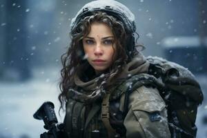 une femelle soldat est sur devoir dans une neigeux endroit ai génératif photo