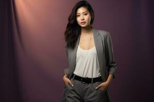 asiatique modèle dans élégant décontractée vêtements sur plaine solide studio Contexte ai génératif photo