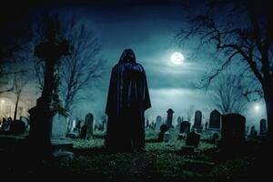 ai génératif Halloween graphique. qui se profile nécromancien figure dans abandonné cimetière. photo
