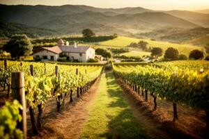 français italien Espagnol vignoble paysage avec loin bâtiments Maisons église. commercial appel. ample texte espace. ai génératif photo