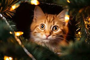 chat dans décoré Noël arbre. Nouveau année concept. génératif ai photo