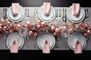 Noël table réglage avec vaisselle, argenterie et décorations sur de fête tableau. Haut voir. ai généré photo