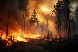 incendies dans forêt avec une lot de fumée. flammes de forêt Feu. génératif ai photo