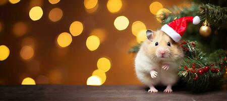 bannière de hamster dans Père Noël chapeau et Noël arbre avec bokeh Contexte. ai généré photo