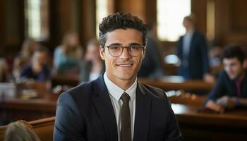 une Masculin avocat des stands en toute confiance dans le salle d'audience, une portrait capturer le sien professionnalisme et dévouement à le loi. génératif ai. photo