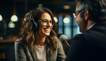 content radio présentateur Parlant dans une microphone dans le studio, divertissant les auditeurs avec professionnel musical l'audio. génératif ai photo