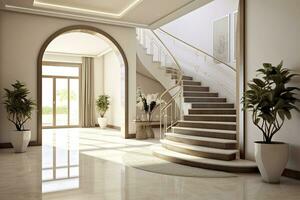 le intérieur conception de le moderne entrée salle avec une escalier dans le villa. ai généré photo