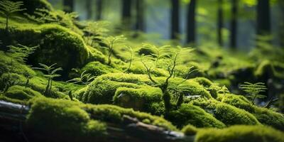 vert mousse fermer, avec une toile de fond de des bois. forêt dans le nationale parc. ai généré photo