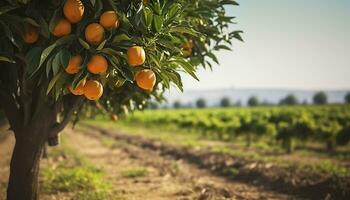 un Orange arbre est dans le premier plan avec une ferme champ Contexte. génératif ai photo