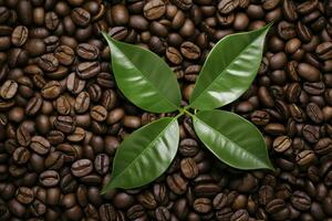 vert feuilles avec café des haricots comme Contexte. ai généré photo