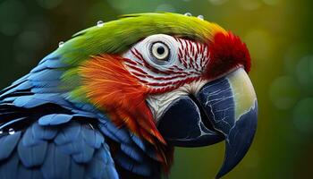 tropical ara perché, vibrant plumes dans se concentrer. génératif ai photo