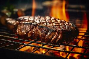 Viande grillage sur une charbon gril avec fumée en hausse. ai généré photo