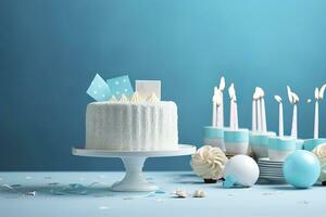 anniversaire gâteau avec bougies et bonbons sur blanc table près bleu mur. génératif ai photo