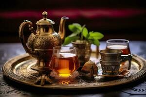 traditionnel marocain thé ensemble avec décoratif théières, lunettes, et menthe feuilles. génératif ai photo