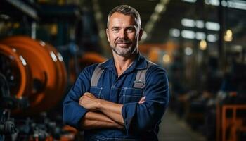 une Masculin industriel ingénieur portant une sécurité casque et autre protecteur équipement travaux soigneusement dans une fabrication usine, assurer le sécurité et Efficacité de opérations. génératif ai. photo