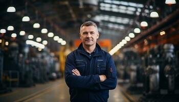 une Masculin industriel ingénieur portant une sécurité casque et autre protecteur équipement travaux soigneusement dans une fabrication usine, assurer le sécurité et Efficacité de opérations. génératif ai. photo