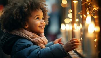 une de bonne humeur peu fille avec une rosé visage et scintillement yeux, sa infectieux joie capturé le essence de enfance et le beauté de l'hiver. génératif ai photo