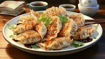 délicieux gyoza de chinois Japonais et coréen cuisine, un de le les types de Dumplings sur une assiette photo