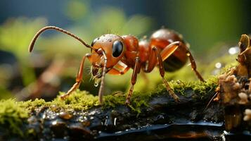 généré par ai petit rouge fourmi rampe sur vert herbe, proche vue de le insecte photo