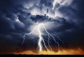 foudre grèves sur une nuageux spectaculaire orageux ciel. ai généré photo