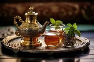 traditionnel marocain thé ensemble avec décoratif théières, lunettes, et menthe feuilles. génératif ai photo