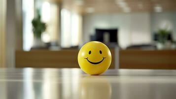 une Jaune souriant Balle pouvez promouvoir une positif travail environnement. génératif ai photo