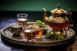 traditionnel marocain thé ensemble avec décoratif théières, lunettes, et menthe feuilles. génératif ai photo