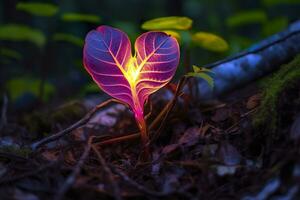 embrasé bioluminescent plante en forme de comme une Humain cœur, dans une mystérieux forêt. génératif ai photo