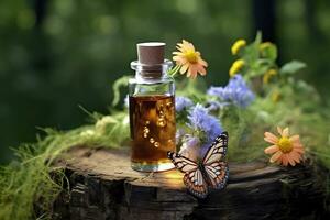 verre bouteille de à base de plantes essentiel extrait, papillon, et fleurs sauvages sur une arbre souche. ai généré photo