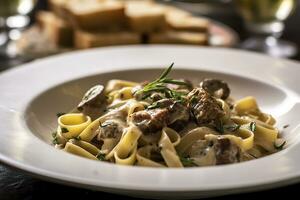 tagliatelles avec saucisse et cèpes, Pâtes avec saucisse et été cèpe champignon. génératif ai photo