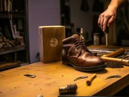 chaussure réparation, une cuir démarrage et outils sur une Table de travail photo