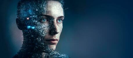 cyborg femme visage avec La technologie de le avenir. génératif ai photo