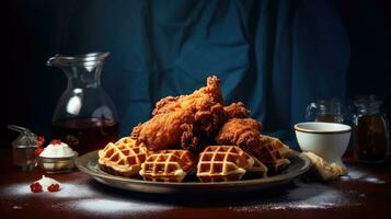 traditionnel Belge gaufres avec frit poulet sur une foncé Contexte. ai génératif photo