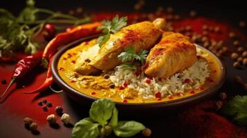 poulet tikka Masala avec riz et épices sur foncé Contexte. ai génératif photo