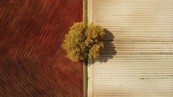 génératif ai, ferme l'automne paysage, agricole des champs, magnifique vert, jaune, Orange et beige campagne, pays route. la nature illustration, photoréaliste Haut vue drone. photo