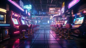 génératif ai, cyberpunk style Jeu bar ou café. nuit scène de gros ville, futuriste nostalgique années 80, années 90. néon lumières vibrant couleurs, photoréaliste horizontal photo