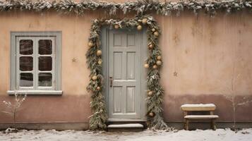 génératif ai, maison de face dans le hiver avec Noël décoration, couronne et guirlande. neige confortable saison photo