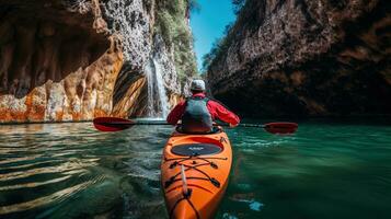 génératif ai, kayak radeau rivière cascade, extrême sport concept, eau vive kayak photo