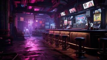 génératif ai, cyberpunk style bar ou café. nuit scène de gros ville, futuriste nostalgique années 80, années 90. néon lumières vibrant couleurs, photoréaliste horizontal illustration. photo