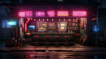 génératif ai, cyberpunk style bar ou café. nuit scène de gros ville, futuriste nostalgique années 80, années 90. néon lumières vibrant couleurs, photoréaliste horizontal illustration. photo