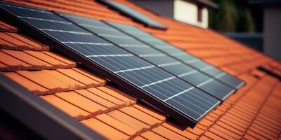 génératif ai, solaire panneaux sur bâtiment toit, nettoyer écologique électricité à coucher de soleil, renouvelable énergie concept photo
