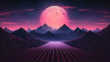 génératif ai, Années 80 rétro futuriste science-fiction., nostalgique années 90. nuit et le coucher du soleil néon couleurs, cyberpunk ancien illustration. soleil, montagnes et palmiers. retrowave vj jeu vidéo paysage.. photo