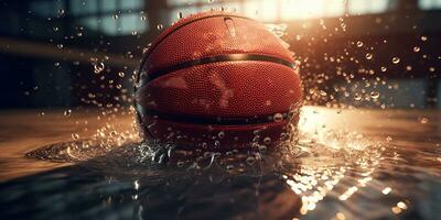 génératif ai, basketball Balle sur le tribunal avec l'eau éclaboussure et lumière du soleil, fermer photo