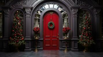 génératif ai, de face porte avec Noël décoration, couronne et guirlande. rouge et gris couleurs photo