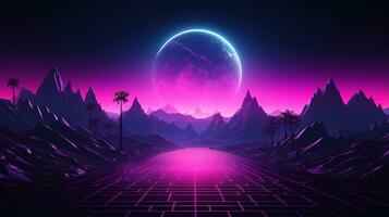 génératif ai, Années 80 rétro futuriste science-fiction., nostalgique années 90. nuit et le coucher du soleil néon couleurs, cyberpunk ancien illustration. soleil, montagnes et palmiers. retrowave vj jeu vidéo paysage.. photo