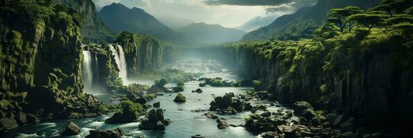 génératif ai, magnifique vert amazone forêt paysage, forêt tropicale jungle avec cascades photo