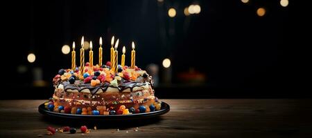 génératif ai, anniversaire magnifique gâteau avec fruit et bougies, bannière pour toutes nos félicitations photo