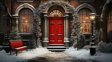 génératif ai, de face porte avec Noël décoration, couronne et guirlande. rouge et gris couleurs photo