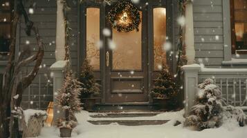 génératif ai, maison de face dans le hiver avec Noël décoration, couronne et guirlande. neige confortable saison photo
