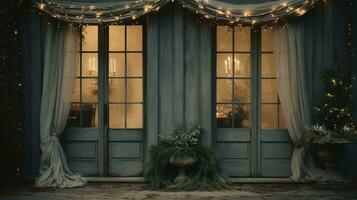 génératif ai, maison de face dans le hiver avec Noël décoration, couronne et guirlande. neige confortable saison photo